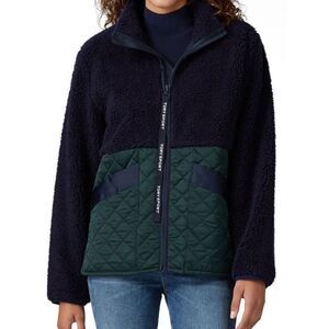 TORY SPORT BY TORY BURCH Sherpa Fleece Quilted Zip Jacket Navy Green Large